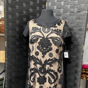 MARINA Black Appliqué Midi Dress on Nude Base